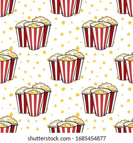 Geometrical strip popcorn buckets on white background, cinema snacks, seamless pattern, vector illustration. Online movie theater background.