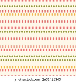 Geometrical stripes vector seamless pattern. Bright colorful parallel dashed and dotted lines on pastel off-white background. Simple modern horizontal ornament tile for fabrics, wallpaper, print