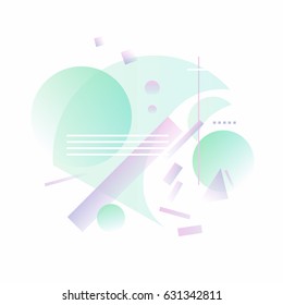 Geometrical suprematism abstract background. Geometrical shapes with gradients and lines. Violet and purple color gradients with transparency. Minimalist decoration for printing or web. EPS 10.
