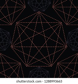 Geometrical symbol shape. Seamless repeating vector pattern. Glowing dark coral purple light on black esoteric background. Spiritual concept. Sacred geometry drawing. Universal metaphysical harmony. 