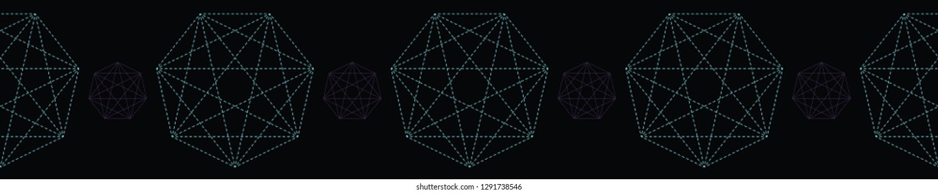Geometrical symbol shape. Seamless repeating vector border. Glowing dark purple green light. Black esoteric banner ribbon. Spiritual concept. Sacred geometry drawing. Universal metaphysical harmony. 