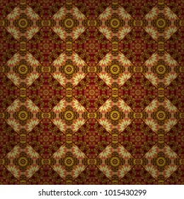 Geometrical symmetrical ornament. Vector abstract fractal kaleidoscope seamless pattern in yellow, brown and red colors.