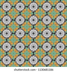 Geometrical symmetrical ornament. Vector abstract fractal kaleidoscope seamless pattern in yellow, blue and gray colors.