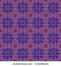 Geometrical symmetrical ornament. Vector abstract fractal kaleidoscope seamless pattern in violet, purple and blue colors.