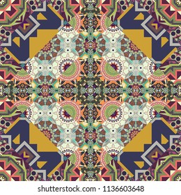 Geometrical symmetrical ornament. Vector abstract fractal kaleidoscope seamless pattern in brown, green and gray colors.