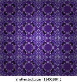 Geometrical symmetrical ornament. Vector abstract fractal kaleidoscope seamless pattern in purple, neutral and violet colors.