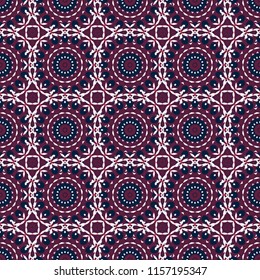 Geometrical symmetrical ornament. Vector abstract fractal kaleidoscope seamless pattern in white, purple and black colors.