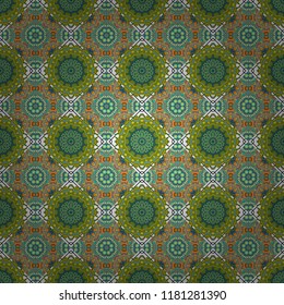 Geometrical symmetrical ornament. Vector abstract fractal kaleidoscope seamless pattern in green, blue and yellow colors.