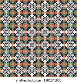 Geometrical symmetrical ornament. Vector abstract fractal kaleidoscope seamless pattern in blue, red and gray colors.