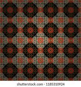 Geometrical symmetrical ornament. Vector abstract fractal kaleidoscope seamless pattern in gray, black and orange colors.