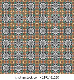 Geometrical symmetrical ornament. Vector abstract fractal kaleidoscope seamless pattern in blue, orange and gray colors.