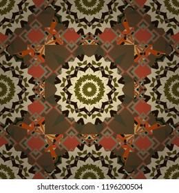 Geometrical symmetrical ornament. Vector abstract fractal kaleidoscope seamless pattern in brown, beige and orange colors.
