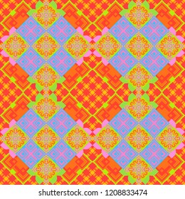 Geometrical symmetrical ornament. Vector abstract fractal kaleidoscope seamless pattern in green, orange and red colors.