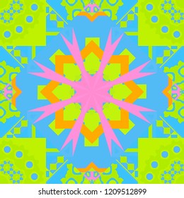 Geometrical symmetrical ornament. Vector abstract fractal kaleidoscope seamless pattern in green, blue and pink colors.