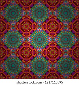 Geometrical symmetrical ornament. Vector abstract fractal kaleidoscope seamless pattern in green, orange and red colors.