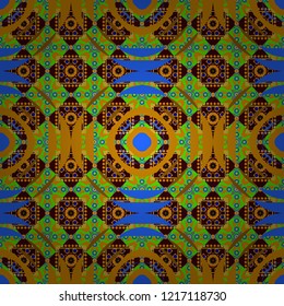 Geometrical symmetrical ornament. Vector abstract fractal kaleidoscope in yellow, brown and blue colors.