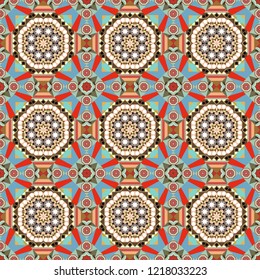 Geometrical symmetrical ornament. Vector abstract fractal kaleidoscope seamless pattern in blue, brown and beige colors.