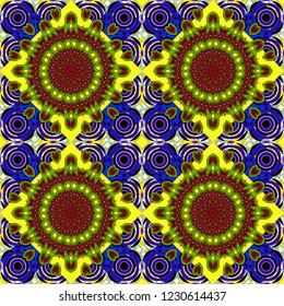 Geometrical symmetrical ornament. Vector abstract fractal kaleidoscope seamless pattern in red, yellow and green colors.