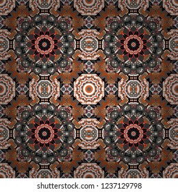 Geometrical symmetrical ornament. Vector abstract fractal kaleidoscope seamless pattern in white, black and gray colors.