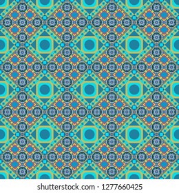 Geometrical symmetrical ornament. Vector abstract fractal kaleidoscope seamless pattern in yellow, green and blue colors.