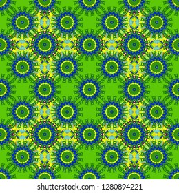Geometrical symmetrical ornament. Vector abstract fractal kaleidoscope seamless pattern in blue, green and yellow colors.