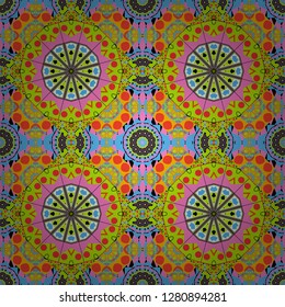 Geometrical symmetrical ornament. Vector abstract fractal kaleidoscope seamless pattern in green, pink and red colors.