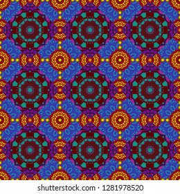 Geometrical symmetrical ornament. Vector abstract fractal kaleidoscope seamless pattern in purple, red and violet colors.