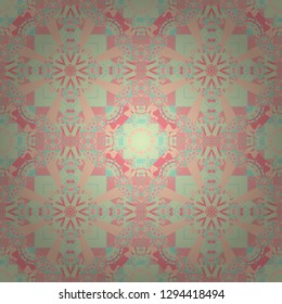 Geometrical symmetrical ornament. Vector abstract fractal kaleidoscope seamless pattern in pink, beige and blue colors.