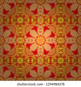 Geometrical symmetrical ornament. Vector abstract fractal kaleidoscope seamless pattern in yellow, red and orange colors.