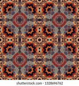 Geometrical symmetrical ornament. Vector abstract fractal kaleidoscope seamless pattern in black, orange and gray colors.