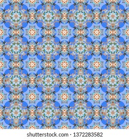 Geometrical symmetrical ornament. Vector abstract fractal kaleidoscope seamless pattern in blue, gray and green colors.