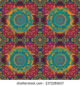 Geometrical symmetrical ornament. Vector abstract fractal kaleidoscope seamless pattern in orange, brown and blue colors.