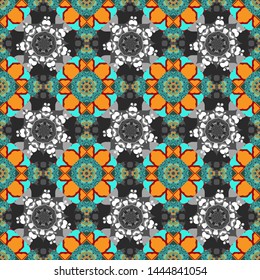 Geometrical symmetrical ornament. Vector abstract fractal kaleidoscope seamless pattern in yellow, blue and gray colors.