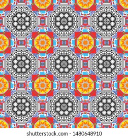 Geometrical symmetrical ornament. Vector abstract fractal kaleidoscope seamless pattern in red, blue and gray colors.