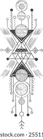 Geometrical tattoo design featuring planets, triangles, and circles, evoking a sense of cosmic order and mystical symbolism