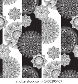 Geometrical thin line snow vector seamless pattern. Abstract outline stars and flowers wallpaper. Lines ornament on black and white stripes background. Monochrome retro shapes backdrop