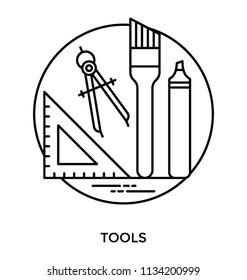 Geometrical tools like set squares, divider along with paintbrush and highlighter, this is tools icon