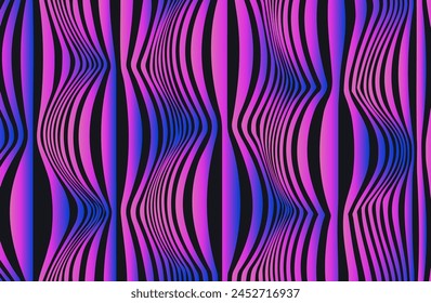 Geometrical trending cyberpunk background Design with Optical Illusion Effect. Minimal Psychedelic Cover Page. Neon Wave Lines Background. Fluid Stripes Art. Vector Illustration for Placard.