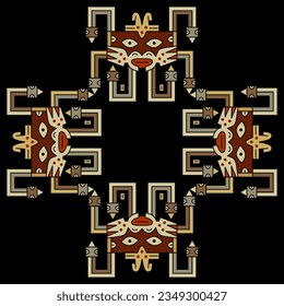 Geometrical tribal cross shape ornament or square frame. Native American art of Nazca Indians from ancient Peru. On black background.
