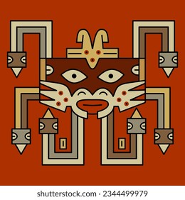 
Geometrical tribal ornament of ancient Peru with stylized face. Native American art of Nazca Indians.