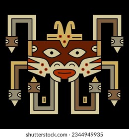 Geometrical tribal ornament of ancient Peru with stylized face. Native American art of Nazca Indians. On black background.