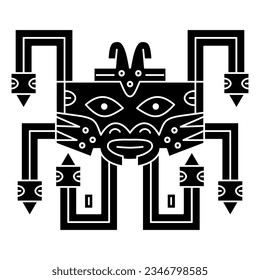 Geometrical tribal ornament of ancient Peru with stylized face. Native American art of Nazca Indians. Black and white negative silhouette.
