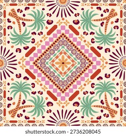 Geometrical tropical tile, scarf, square seamless pattern. Rhombus ornament, palm tree, ethnic sun, tribal stripe, leopard skin. Vector summer beach print, textile design. repeat background, wallpaper