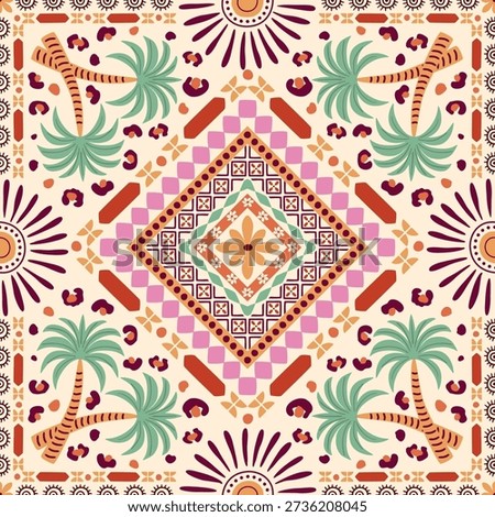 Geometrical tropical tile, scarf, square seamless pattern. Rhombus ornament, palm tree, ethnic sun, tribal stripe, leopard skin. Vector summer beach print, textile design. repeat background, wallpaper