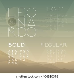 Geometrical uppercase font. A to Z alphabet. Three weights of one font (light, regular, bold). Elegant sans serif font family.
