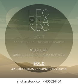 Geometrical uppercase font. A to Z alphabet. Three weights of one font (light, regular, bold). Elegant sans serif font family.