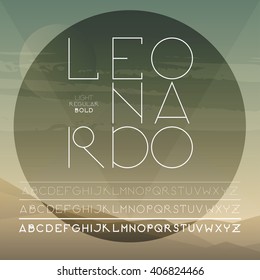 Geometrical uppercase font. A to Z alphabet. Three weights of one font (light, regular, bold). Elegant sans serif font family.