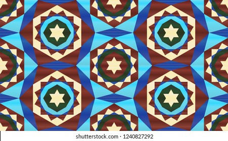 Geometrical vector art. Mosaic background. Arabic girih.
Islamic ornamental colorful detail of mosaic. Print card
