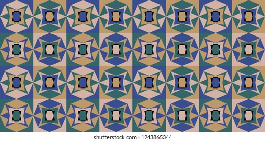 Geometrical vector art. Mosaic background. Arabic girih.
Islamic ornamental colorful detail of mosaic. Print card