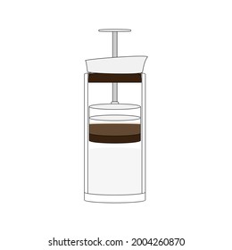 Geometrical vector illustration of American press - tool for coffee brewing. Alternative coffee. Simple flat illustration with thin black outline. Isolated on white background.